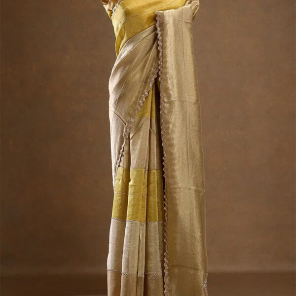 Yellow Sequins Embroidered Crushed Tissue Designer Saree with Unstitched Blouse