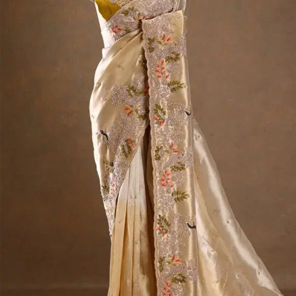 Ivory White and Gold Kanchipuram Tissue Saree with Unstitched Blouse