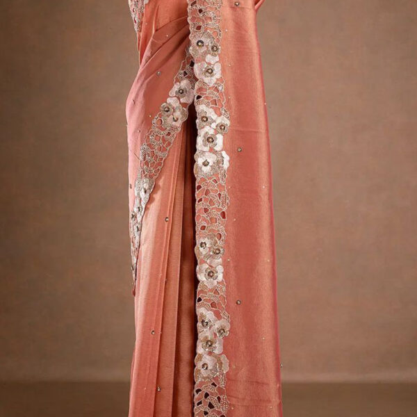 Coral Pink Shimmer Organza Designer Saree with Unstitched Blouse