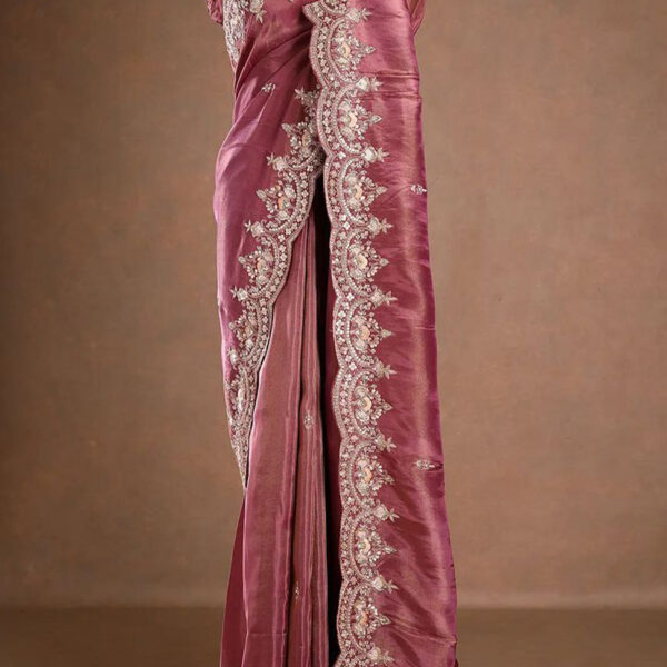 Peach Pink Tissue Designer Saree with Sequins Embroidery and Unstitched Blouse