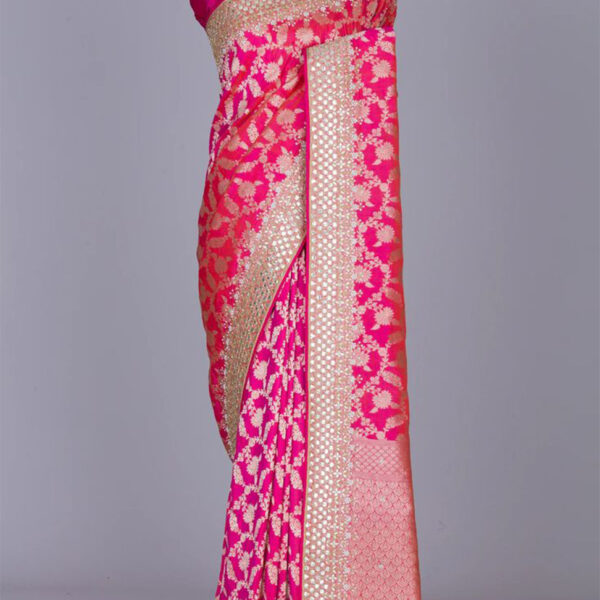 Hot Pink Zari Woven Banarasi Silk Saree with Unstitched Blouse