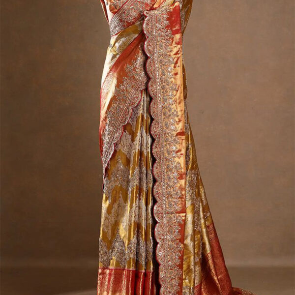 Gold Zardosi Embroidered Tissue Designer Saree with Unstitched Contrast Blouse