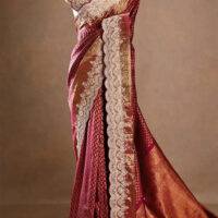 Violet Purple Kanchipuram Silk Saree with Embroidered Border and Unstitched Blouse