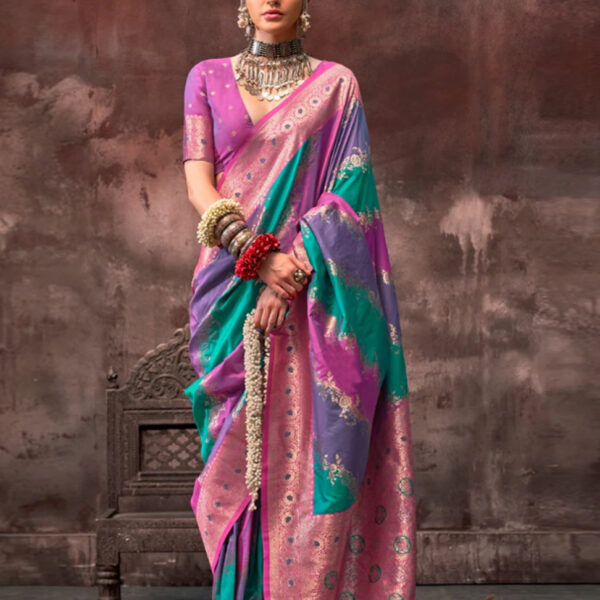 Purple–Aqua Blue Satin Silk Saree