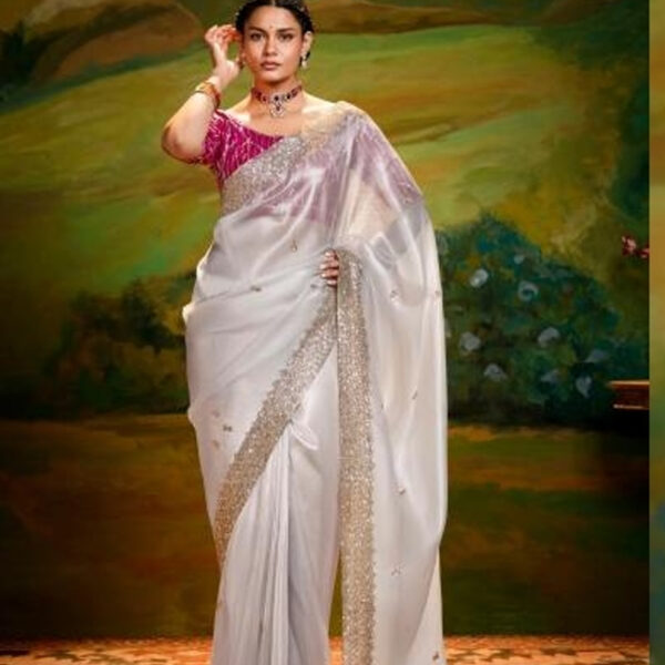 Off white tissue silk saree with resham work