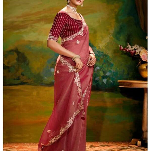 Astonishing Red Thread Embroidered Organza Wedding Saree