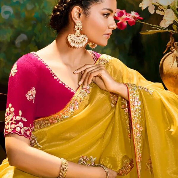 Yellow festive wear saree in tissue silk