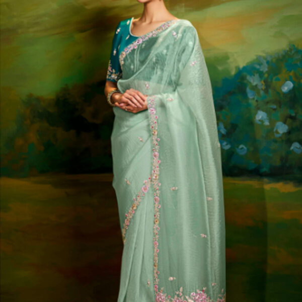 Spectacular Sea-Green Border Work Organza Trendy Saree With Blouse