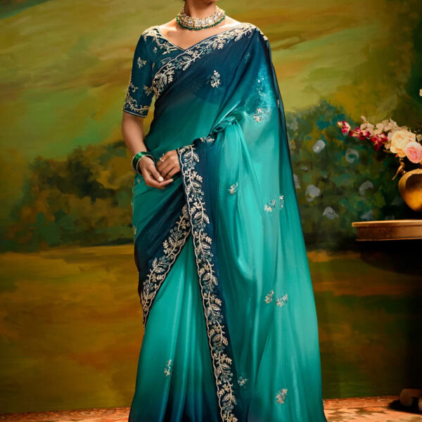 Aqua Blue and Teal Organza Embroidered Work Traditional Saree for Women