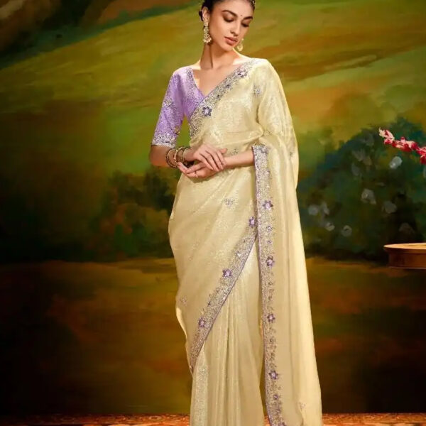 Fantastic Beige Border Work Organza Classic Saree With Blouse