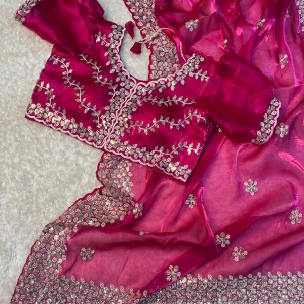 Pure soft zimmy choo silk saree with amazing embroidery saree- Pink